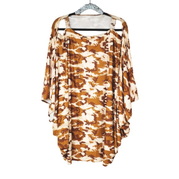 Boho Brown Camo Tunic Flowy Batwing Top with Open Sleeves & Swrk. Crystals. - Picture 2 of 4